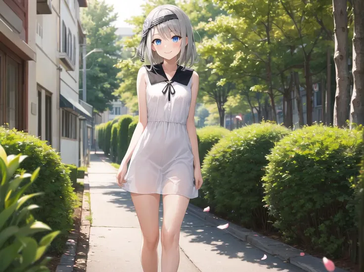 masterpiece, best quality, high res, hi res, best quality, detailed background, 1girl, solo, alone, nsfw, <lora:love is war:1>,  shirogane kei, grey hair, black hairband, black ribbon, blue eyes, small breasts, white dress, black sailor collar, black ribbon, outdoors, park, petals, sunny, sun, sunlight, sunshine, noon, trees, sidewalk, standing, smiling