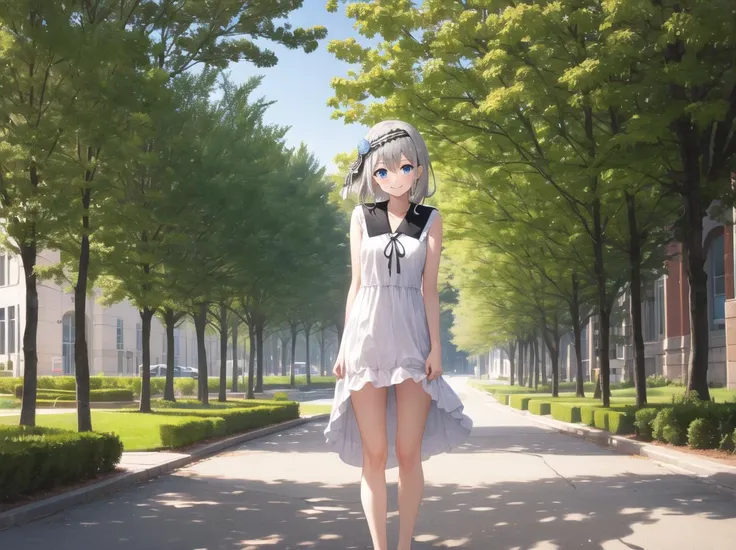 masterpiece, best quality, high res, hi res, best quality, detailed background, 1girl, solo, alone, nsfw, <lora:love is war:1>,  shirogane kei, grey hair, black hairband, black ribbon, blue eyes, small breasts, white dress, black sailor collar, black ribbon, outdoors, park, petals, sunny, sun, sunlight, sunshine, noon, trees, sidewalk, standing, smiling
