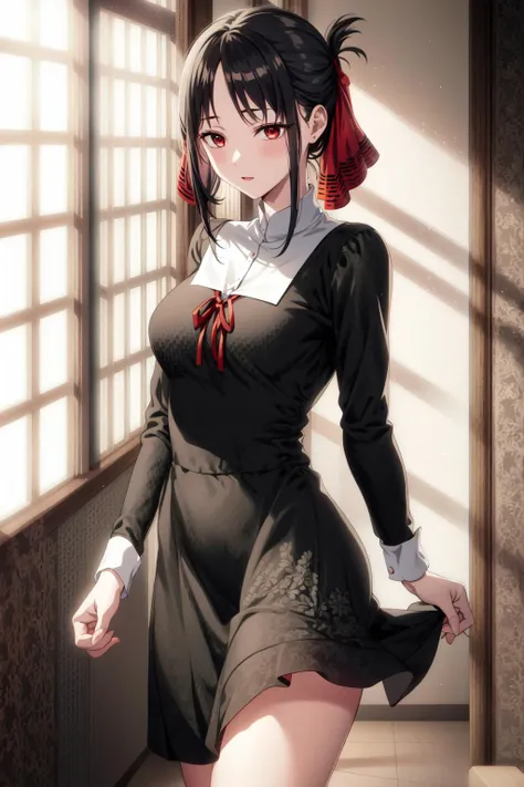 masterpiece, ((ultra detailed background, delicate pattern, intricate detail)), (highly detailed, fine details), best quality, 1girl, beautiful lighting, absurdres, solo, ((shinomiya kaguya, red eyes, black hair, hair ribbon)), red ribbon, school uniform, short dress, long sleeves, small breasts, standing, indoors, hallway, showing ass, csm anime style, <lora:csm_anime_style_offset:0.6>, <lora:love is war:1>