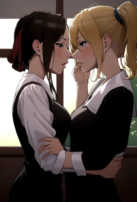 score_9, score_8_up, score_7_up, score_6_up, (by blade \(galaxist\):.6), (by null:.5), flat color, 2girls, yuri, attack on titan, mikasa, annie leonhart, annie and mikasa, depressed, bags under eyes, half-closed eyes, standing, pov, front view, girls kissing, pov, delinquent, flat shading, minimalism, blue eyes, medieval home, indoors, medieval interior, arms behind back, saliva, seductive expression, large breasts, kissing, girls kissing each other, kiss, ((kissing)), yuri, mikasa and annie embrace each other, mikasa and annie kissing each other