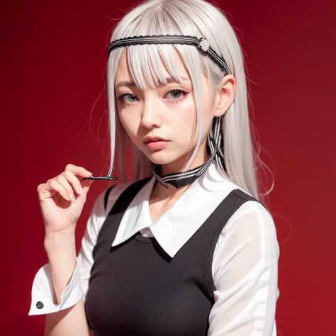 <lora:love is war:1>shirogane kei, grey hair, white dress, black sailor collar, black hairband, black ribbon