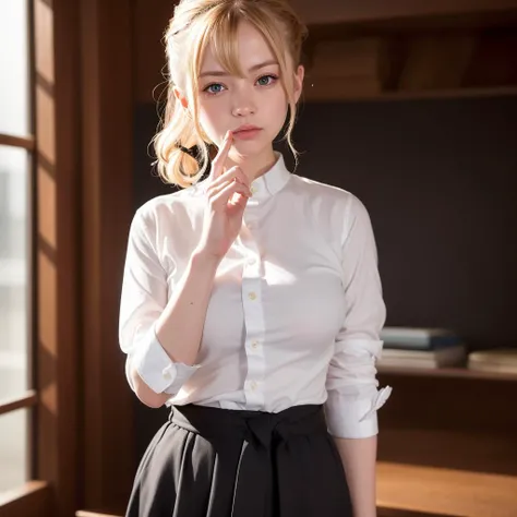 <lora:love is war:1>hayasaka ai, blue eyes, blue scrunchie, black dress, white shirt, cardigan around waist, blond hair, school uniform, 8k, best quality, masterpiece, illustration, an extremely delicate and beautiful, extremely detailed ,CG ,unity ,wallpaper, (realistic, photo-realistic:1.37),Amazing, finely detail, masterpiece,best quality,official art, extremely detailed CG unity 8k wallpaper