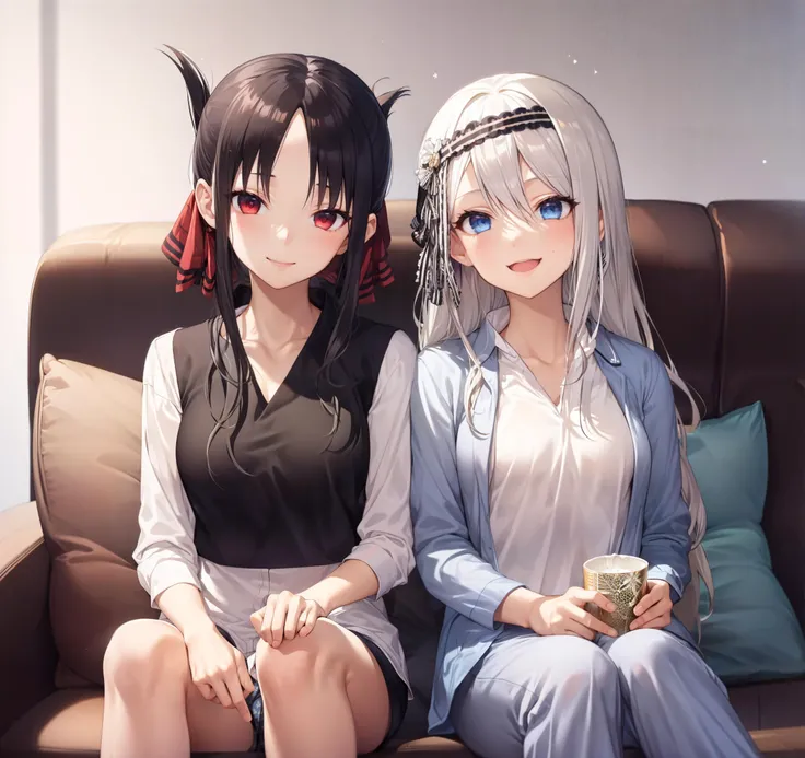 shinomiya, 1girl, kaguya, red eyes, black hair, hair ribbon, pajamas, white pajamas, shorts, smile, sitting, couch, highly detailed, absurdres, masterpiece, <lora:love is war:0.7>
AND shirogane kei, 1girl, grey hair, black hairband, black ribbon, pajamas, blue pajamas, pants, smile, long hair, print pajamas, sitting, couch, highly detailed, absurdres, masterpiece, <lora:love is war:0.8>