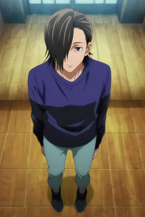 score_9, score_8_up, score_7_up, source_anime, rating_safe, intricate details, anime screencap, anime coloring, official style, , , 1boy, solo, male focus, <lora:junpei_yoshino_pony:0.98>, junpei_yoshino, black hair, black eyes, short hair, hair over one eye, from above, full body, dining room, indoors, knees up, relaxed, funny costume, <lora:sdxl_lightning_8step_lora:1>