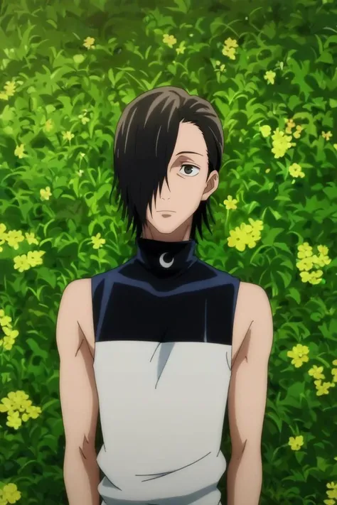 score_9, score_8_up, score_7_up, source_anime, rating_safe, , anime screencap, anime coloring, official style, looking at viewer, , 1boy, solo, male focus, <lora:junpei_yoshino_pony:0.96>, junpei_yoshino, black hair, black eyes, short hair, hair over one eye, from above, flower field, flowers, night, crescent moon, lying, on back, :o, vandal costume, <lora:sdxl_lightning_8step_lora:1>