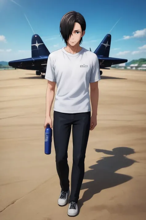 score_9, score_8_up, score_7_up, source_anime, rating_safe, , (3d:0.4), looking at viewer, depth of field, 1boy, solo, male focus, <lora:junpei_yoshino_pony:0.76>, junpei_yoshino, black hair, black eyes, short hair, hair over one eye, full body, plane, light, holding object, wavy mouth, , <lora:sdxl_lightning_8step_lora:1>