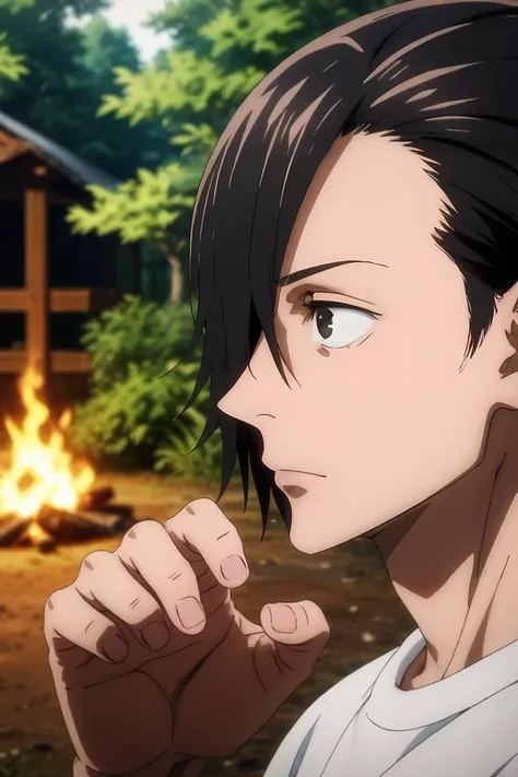 score_9, score_8_up, score_7_up, source_anime, rating_safe, intricate details, (realistic:0.6), , depth of field, 1boy, solo, male focus, <lora:junpei_yoshino_pony:0.98>, junpei_yoshino, black hair, black eyes, short hair, hair over one eye, profile, cabin, forest, campfire, dawn, claw pose, angry, , <lora:sdxl_lightning_8step_lora:1>