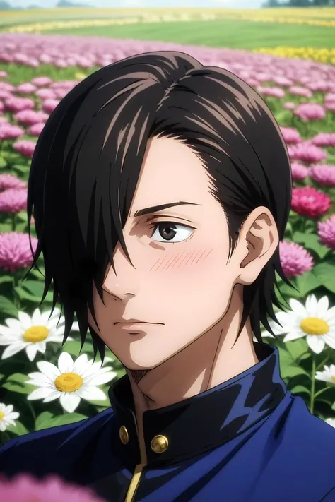 score_9, score_8_up, score_7_up, source_anime, rating_safe, , (photorealistic:0.6), , depth of field, 1boy, solo, male focus, <lora:junpei_yoshino_pony:0.74>, junpei_yoshino, black hair, black eyes, short hair, hair over one eye, rule of thirds, flower field, flowers, day, arm at side, embarrassed, nose blush, , <lora:sdxl_lightning_8step_lora:1>