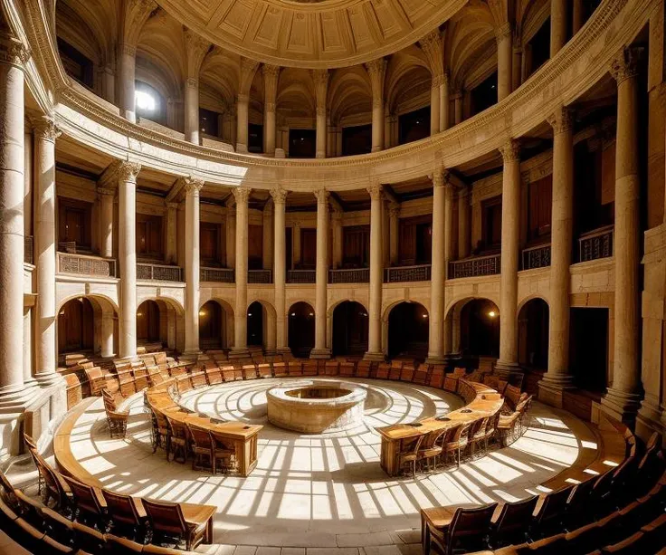 council chamber, roman senate, fantasy, medieval, stone building, pillars, windows, sun beams, sconces, torches, wide angle, circular room, open floor, tall ceilings, dramatic angle, arena, high walls, no humans,