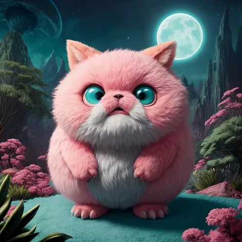 an otherworldly maximalist landscape, cute, adorable, soft, fuzzy, pink and teal color scheme, chubby creatures with glowing eyes