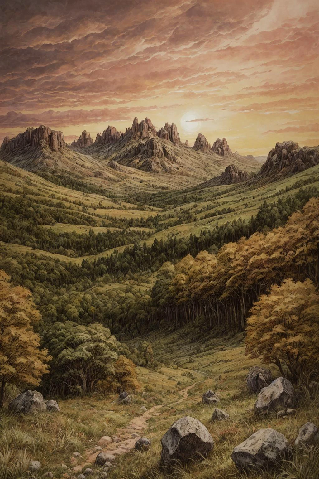 druuna style landscape, forest, mountains, clouds, sunset, colorful, magical, dreamlike, painterly <lora:SD15_druuna_style:1>