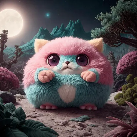 an otherworldly maximalist landscape, cute, adorable, soft, fuzzy, pink and teal color scheme, chubby creatures with glowing eyes