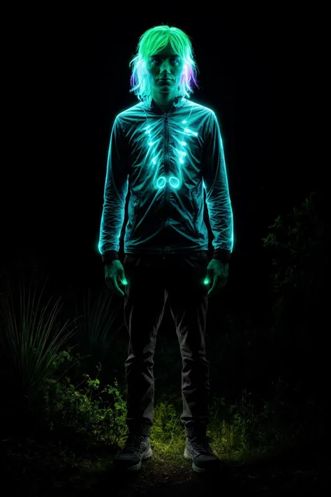bioluminescent person, outdoors, night, glowing, magical