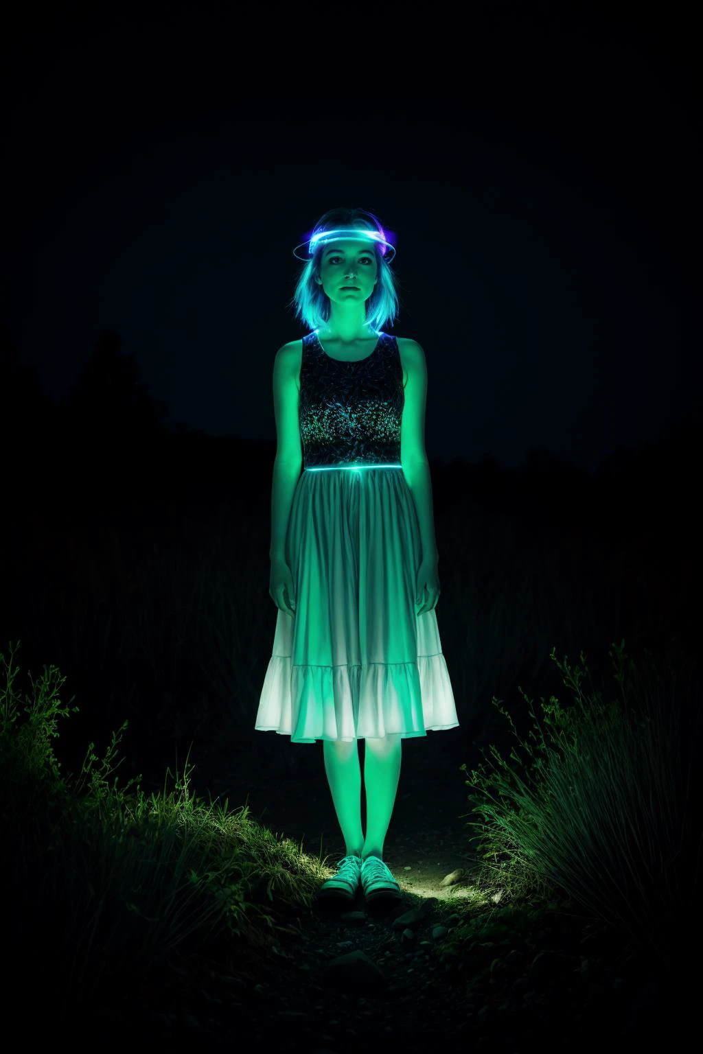 bioluminescent woman, outdoors, night, glowing, magical