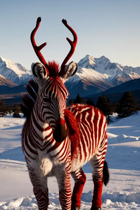 red fluffy zebra with large antlers, snowy mountains, dawn