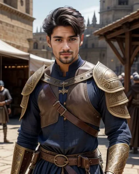 1boy, man, fantasy setting, medieval, tunic, standing, dynamic angle, latino, stubble, realistic, HD, market, customers,, (best quality, perfect face, beautiful and aesthetic:1.2, dynamic angle, detailed face, detailed eyes)