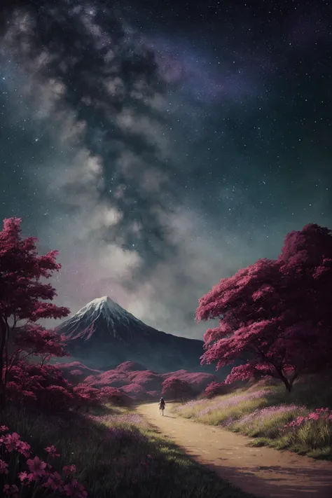 designed by artgerm, loish and WLOP, On pale White and Beige paper, landscape of a Fairy-Tale 1970'S Chile, Stars in the sky, Realistic, Peaceful, Dark Academia, Motion blur, F/5, Embossing, Magenta paint splotches, High quality, highly detailed