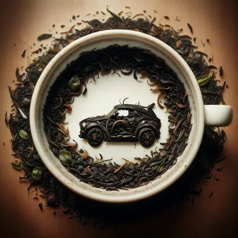 tea leaves forming the shape of a sports car on the bottom of an empty tea cup <lora:Tea_Leaf_Reading_Style_SD15:1.0>