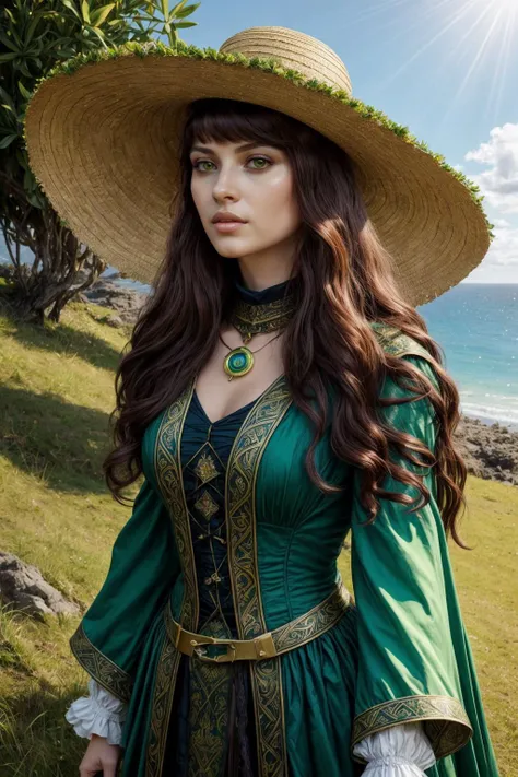 designed by Karol Bak, Pre-raphaelitism, Sharp focus of a Divine Maori (The Doctor:1.1) , ð¤¨, her hair is Brunette, sun hat, Spring, Romantic, Depth of field 270mm, electric green and Gradient details, extremely detailed CG Unity 8k wallpaper, most beautiful artwork in the world