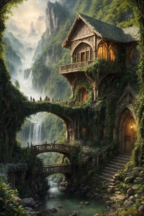 hyper detailed masterpiece, dynamic realistic digital art, awesome quality,heartwarming artisan's workshop,opportunities rivendell,towering access volumetric lighting,water, verdant,angelic