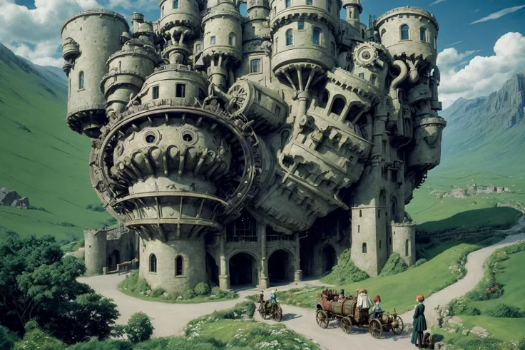 scene from howl's moving castle, majestic stonework, whimsical noisy bellowing wheezing machinery, gears, wheels, beautiful green landscape