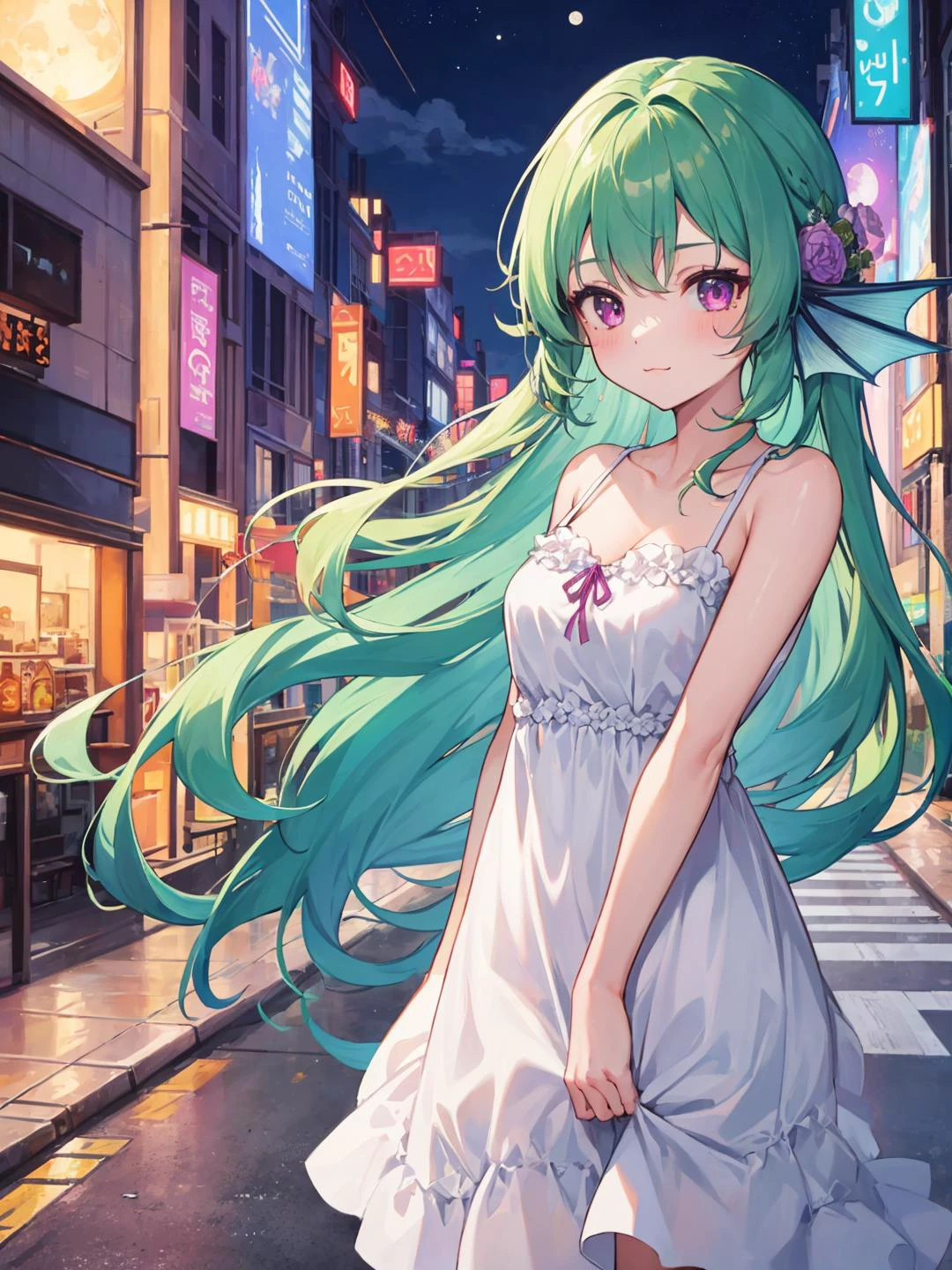 masterpiece, best quality,
finana ryugu, head fins, hair flower, green hair, purple eyes, long hair, small breasts,
1girl, (sundress, white dress:1.2), upper body,
standing, walking, :3,
(city, cityscape, street, moon:1.5)