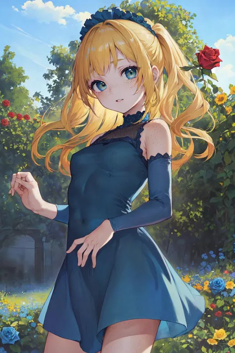 AS-YoungV2, (masterpiece, best quality, high details:1.3), RAW, 1girl, looking at camera, (medium breasts, skinny, wide hips, freckles:1.3), blonde hair, long hair, green eyes, (dark blue dress:1.5), (rose garden, sunny sky:1.2), <lora:add_detail:0>