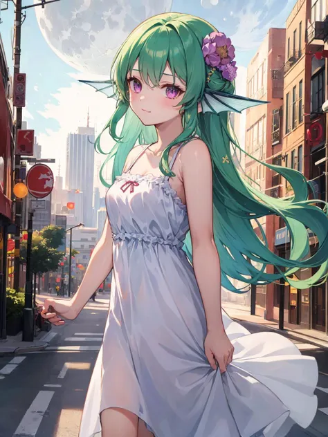 masterpiece, best quality,
finana ryugu, head fins, hair flower, green hair, purple eyes, long hair, small breasts,
1girl, (sundress, white dress:1.2), upper body,
standing, walking, :3,
(city, cityscape, street, moon:1.5)