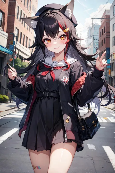 masterpiece, 1girl, best quality, ookami mio, wolf ears, orange eyes, black hair, long hair, animal ears, bag, bandaid, bandaid on nose, beret, black dress, black headwear, black jacket, smile, hat, jacket, long hair, open clothes, open jacket, school uniform, outdoors, cowboy shot,