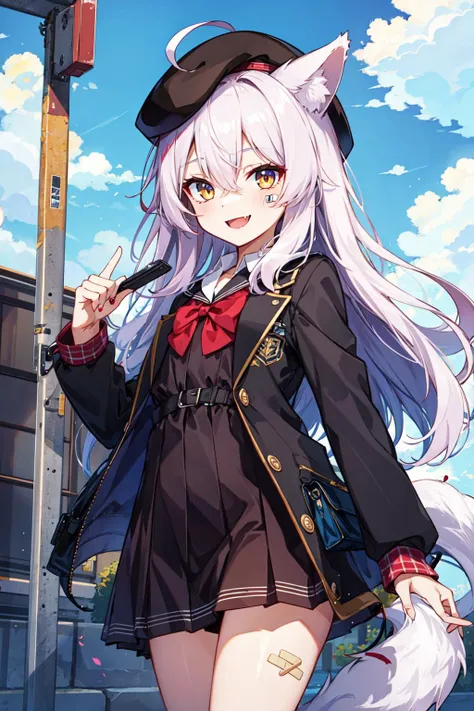 masterpiece, 1girl, best quality, ahoge, animal ears, bag, bandaid, bandaid on nose, beret, black dress, black headwear, black jacket, smile, fang, hair between eyes, hat, jacket, long hair, open clothes, open jacket, school uniform, outdoors, cowboy shot, wolf ears, wolf girl, wolf tail, cloudy sky,