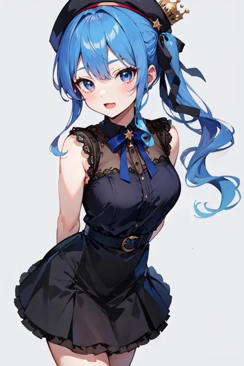 masterpiece, 1girl, best quality, hoshimachi suisei, blue hair, blue eyes, beret, mini crown, right side ponytail, blue hair ribbon, black hair ribbon, single sidelock, :3, black dress, black footwear, black ribbon, blue bow, dress, open mouth, ribbon, cowboy shot, medium breasts, simple background, leaning forward, (arms behind back:1.3),