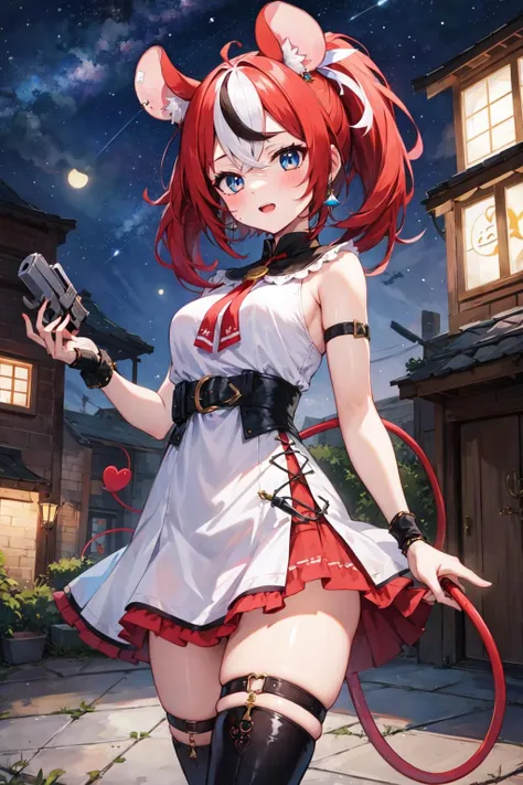 masterpiece, 1girl, best quality, hakos baelz, mouse ears, blue eyes, short hair, twintails, mouse tail, arm strap, black footwear, boots, bracer, dress, earrings, holding weapon, jewelry, ponytail, pelvic curtain, thighhighs, weapon, white dress, outdoors, night, starry sky, standing, cowboy shot,