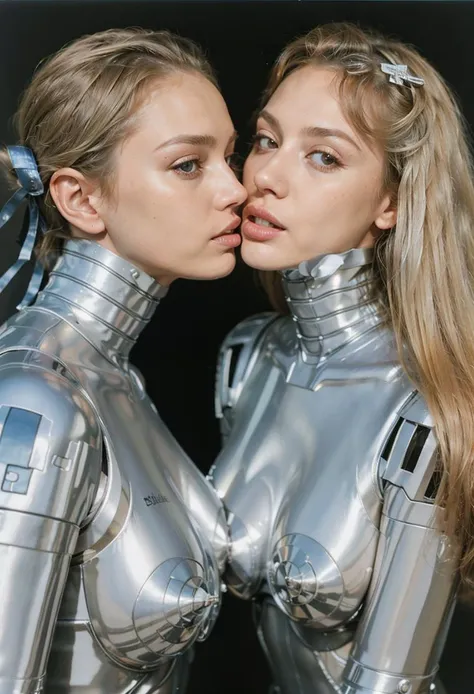 by hajime sorayama,two women in silver suits kissing each other with their noses close together, with one woman wearing a silver suit, Christian W. Staudinger, hyper real, a photorealistic painting, net art <lora:hajime_sorayama_finetuned:1>