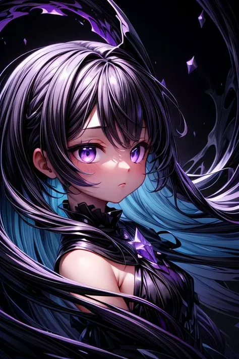 (black and purple theme:1.3), best quality,Epic,highly detail,Illustration,Cover,enigmatic figure,draped in translucent fabric,crystals adorning hair,dreamlike swirl,pastel hues,soft light,evoking calm serenity and elusive beauty,Non-representational,colors and shapes,expression of feelings,imaginative,highly detailed