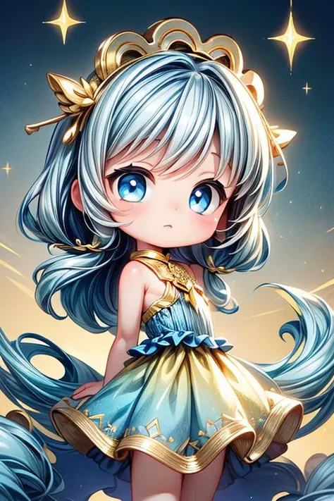 (blue and gold theme:1.3), best quality,Epic,highly detail,Illustration,Cover,enigmatic figure,cute outfit,crystals adorning hair,dreamlike swirl,pastel hues,soft light,evoking calm serenity and elusive beauty,Non-representational,colors and shapes,expression of feelings,imaginative,highly detailed, kawaii, cute, petite, innocent