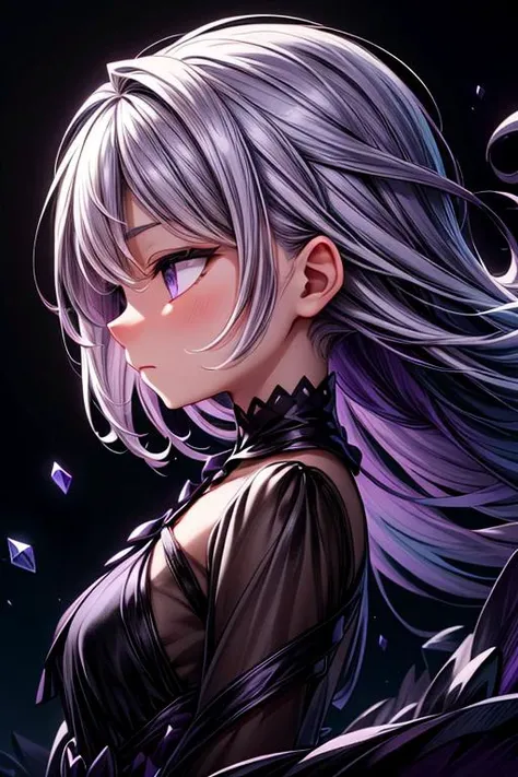 (purple and black theme:1.3), best quality,Epic,highly detail,Illustration,Cover,enigmatic figure,draped in translucent fabric,crystals adorning hair,dreamlike swirl,pastel hues,soft light,evoking calm serenity and elusive beauty,Non-representational,colors and shapes,expression of feelings,imaginative,highly detailed, closed_mouth, side_view
