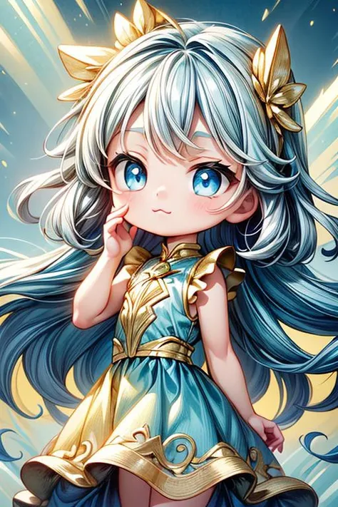 (blue and gold theme:1.3), best quality,Epic,highly detail,Illustration,Cover,enigmatic figure,cute outfit,crystals adorning hair,dreamlike swirl,pastel hues,soft light,evoking calm serenity and elusive beauty,Non-representational,colors and shapes,expression of feelings,imaginative,highly detailed,:3, kawaii, cute, petite