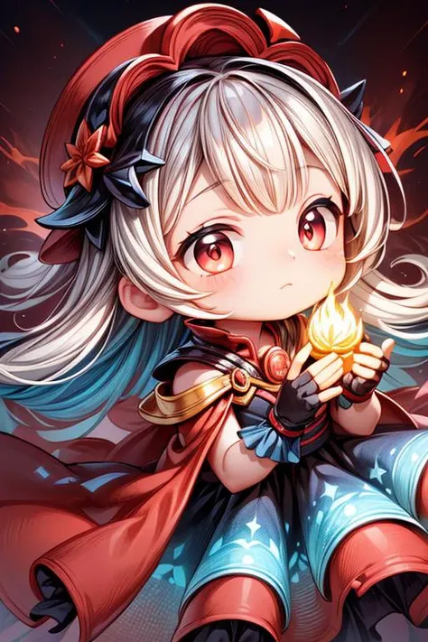 (red theme, fire, war:1.3), 1girl, cute, kawaii, petite, vibrant universe,colors beyond reality,pulsating backdrop,sparkling magic,adventure,joy,curiosity,kaleidoscope patterns,multicolored hair, hair_ornament, headwear,shimmering strands,wide eyes,surrealism,whimsy,fantastical elements,serene contemplation,fluorescent blues,fluorescent blues,luminous creatures,dynamic energy,tranquil moment,kaleidoscopic flora and fauna,radiant colors,imaginative composition, Yulia,closed mouth, long_hair, shoulder_sash, fingerless_gloves, cape, upper_body, (close-up:1.2), solo