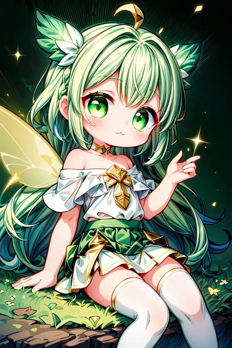 (8k wallpaper,incredibly_absurdres:1.5),(multicolored green nature fairy theme,fairy,goddess,princess,:3:1.3),best quality,Epic,highly detail,Illustration,Cover,album_art,professional_artwork,1girl,(cute:1.5),solo,sitting,long_hair,braid,((Spectacular)), ((Unparalleled)), ((Phenomenal)), ((Exquisite)), ((Astounding)), ((Intricate)), anime, Slice of Life, Heartwarming, Minimal Plot, vector art, Geometric design, Scalable art, Digital vector, ethereal lighting, Dreamlike light, (white and green outfit,gold_miniskirt:1.5), Otherworldly illumination, Transcendent atmosphere, 50mm, Standard lens, Nifty fifty, Versatile focal length,princess,white marble glowing skin,white_stockings,white_off-shoulder_sweater,green_bubble_skirt,(looking_away:1.3),wide_shot,head_tilt,(multicolored_hair,multicolored_clothes,multicolored_eyes,multicolored_background,gold_eyes,green_hair:1.4)