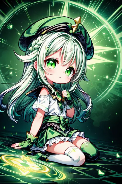 (green_theme, dreamy_scenery:1.2), absurdres, highres, (official art, thunder, beautiful and aesthetic:1.2), best_quality, masterpiece, 1girl, badass, (faint_smile, closed_mouth:1.2), (cute, petite, kawaii:1.4), profile, character_profile, (sitting:1.2), from_side, (green_miniskirt, white_frilled_shirt, fingerless_gloves, white_trim, hair_ornament:1.4), (white_hair, multicolored_hair, green_eyes, dual_colored_eyes, multicolored_eyes:1.5), (french_braid, long_hair, green_headwear:1.2), shoulder_sash, colorful, (close-up:1.2), white_legwear, abyss eyes,Shiny skin,oil, Tzeentch,extremely detailed CG unity 8k wallpaper,masterpiece, ((ultra-detailed)), ((illustration)),colorful,wallpaper,energy,Unknown terror,arcane,Around the magic,magic surrounds,pages flying all over the sky,Know it all,Predicting the Future,Know the past,Infinite wisdom,Warlock,Magical Circle,Pentagram,incantation,mantra,Singing magic, (shining eyes:1.2), (fractal art, (kaleidoscope:0.9), colorfield painting, (shine effects, seraph effects, lighting effects:1.1), (white_and_green_theme:1.5)