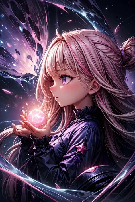 (blue and purple and pink theme,badass:1.5),High-resolution, abstract album cover featuring a mesmerizing fractal art rendition of a mysterious girl. The artwork showcases intricate fractal patterns that swirl and intertwine, forming the shape of the girl's silhouette in a surreal and dreamlike manner. Vibrant colors burst forth from the fractals, creating a dynamic and psychedelic visual experience. The girl's figure is depicted with fluid lines and ethereal contours, blending seamlessly into the fractal landscape. She exudes an aura of mystery and enchantment, her presence captivating and enigmatic. The background is filled with cosmic elements, such as stars, galaxies, and nebulae, adding depth and cosmic significance to the composition. The overall atmosphere is one of otherworldly beauty and transcendence, inviting the viewer into a realm of infinite possibility and exploration,(from_side,close-up:1.2)