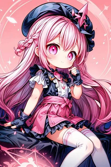 (pink_theme, dreamy_scenery:1.2), absurdres, highres, (official art, thunder, beautiful and aesthetic:1.2), best_quality, masterpiece, 1girl, badass, (faint_smile, closed_mouth:1.2), (cute, petite, kawaii:1.4), profile, character_profile, (sitting:1.2), from_side, (pink_miniskirt, white_frilled_shirt, fingerless_gloves, white_trim, hair_ornament:1.4), (white_hair, multicolored_hair, pink_eyes, dual_colored_eyes, multicolored_eyes:1.5), (french_braid, long_hair, pink_headwear:1.2), shoulder_sash, colorful, (close-up:1.2), white_legwear, abyss eyes,Shiny skin,oil, Tzeentch,extremely detailed CG unity 8k wallpaper,masterpiece, ((ultra-detailed)), ((illustration)),colorful,wallpaper,energy,Unknown terror,arcane,Around the magic,magic surrounds,pages flying all over the sky,Know it all,Predicting the Future,Know the past,Infinite wisdom,Warlock,Magical Circle,Pentagram,incantation,mantra,Singing magic, (shining eyes:1.2), (fractal art, (kaleidoscope:0.9), colorfield painting, (shine effects, seraph effects, lighting effects:1.1), (white_and_pink_theme:1.5)