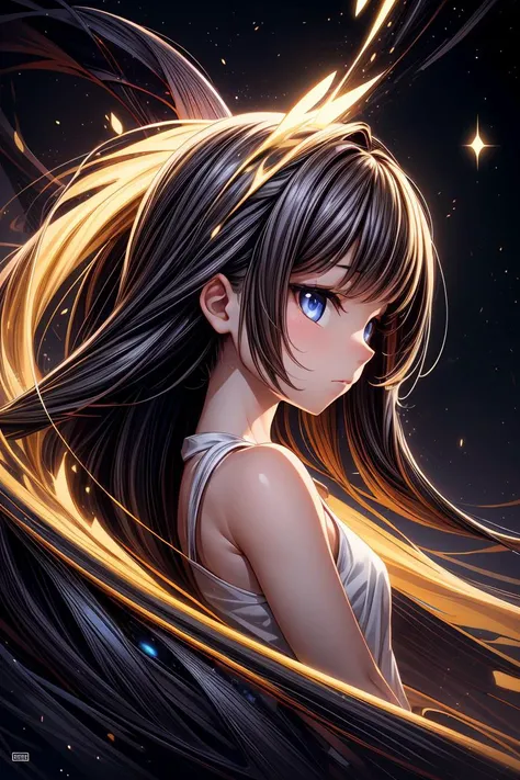 High-resolution, abstract album cover featuring a mesmerizing fractal art rendition of a mysterious girl. The artwork showcases intricate fractal patterns that swirl and intertwine, forming the shape of the girl's silhouette in a surreal and dreamlike manner. Vibrant colors burst forth from the fractals, creating a dynamic and psychedelic visual experience. The girl's figure is depicted with fluid lines and ethereal contours, blending seamlessly into the fractal landscape. She exudes an aura of mystery and enchantment, her presence captivating and enigmatic. The background is filled with cosmic elements, such as stars, galaxies, and nebulae, adding depth and cosmic significance to the composition. The overall atmosphere is one of otherworldly beauty and transcendence, inviting the viewer into a realm of infinite possibility and exploration,(from_side,close-up:1.2)