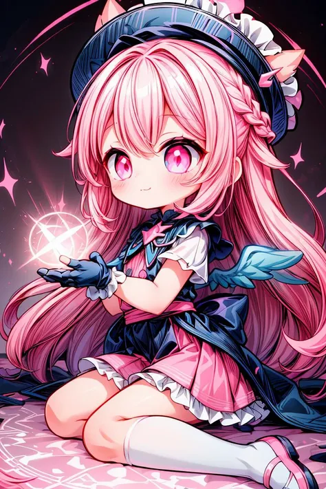 (pink_theme, dreamy_scenery:1.2), absurdres, highres, (official art, thunder, beautiful and aesthetic:1.2), best_quality, masterpiece, 1girl, badass, (faint_smile, closed_mouth:1.2), (cute, petite, kawaii:1.4), profile, character_profile, (sitting:1.2), from_side, (pink_miniskirt, white_frilled_shirt, fingerless_gloves, white_trim, hair_ornament:1.4), (white_hair, multicolored_hair, pink_eyes, dual_colored_eyes, multicolored_eyes:1.5), (french_braid, long_hair, pink_headwear:1.2), shoulder_sash, colorful, (close-up:1.2), white_legwear, abyss eyes,Shiny skin,oil, Tzeentch,extremely detailed CG unity 8k wallpaper,masterpiece, ((ultra-detailed)), ((illustration)),colorful,wallpaper,energy,Unknown terror,arcane,Around the magic,magic surrounds,pages flying all over the sky,Know it all,Predicting the Future,Know the past,Infinite wisdom,Warlock,Magical Circle,Pentagram,incantation,mantra,Singing magic, (shining eyes:1.2), (fractal art, (kaleidoscope:0.9), colorfield painting, (shine effects, seraph effects, lighting effects:1.1), (white_and_pink_theme:1.5)