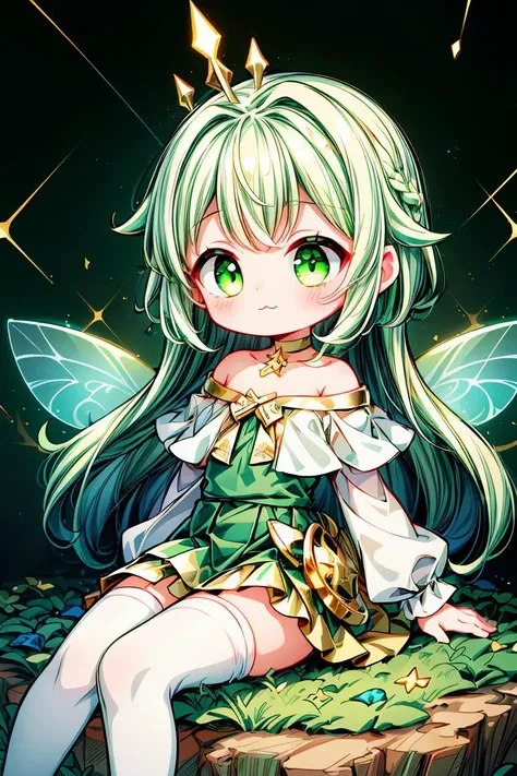 (8k wallpaper,incredibly_absurdres:1.5),(multicolored green nature fairy theme,fairy,goddess,princess,:3:1.3),best quality,Epic,highly detail,Illustration,Cover,album_art,professional_artwork,1girl,(cute:1.5),solo,sitting,long_hair,braid,((Spectacular)), ((Unparalleled)), ((Phenomenal)), ((Exquisite)), ((Astounding)), ((Intricate)), anime, Slice of Life, Heartwarming, Minimal Plot, vector art, Geometric design, Scalable art, Digital vector, ethereal lighting, Dreamlike light, (white and green outfit,gold_miniskirt:1.5), Otherworldly illumination, Transcendent atmosphere, 50mm, Standard lens, Nifty fifty, Versatile focal length,princess,white marble glowing skin,white_stockings,white_off-shoulder_sweater,green_bubble_skirt,(looking_away:1.3),wide_shot,head_tilt,(multicolored_hair,multicolored_clothes,multicolored_eyes,multicolored_background,gold_eyes,green_hair:1.4)