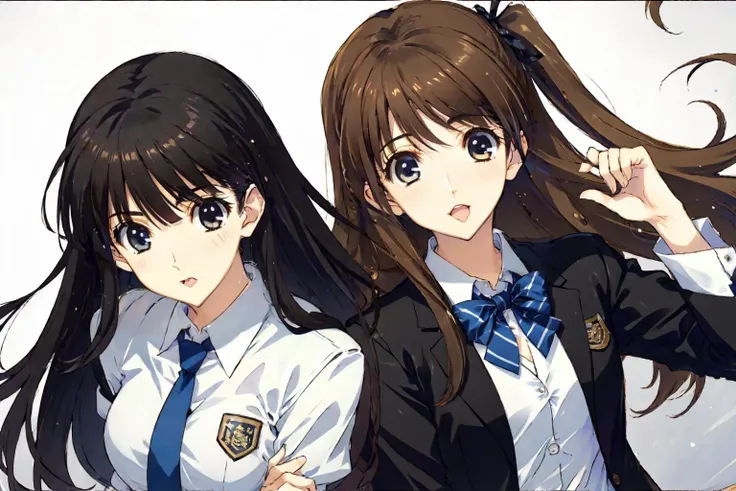 (masterpiece, best quality, colorful, dynamic angle, highest detailed:1.4) 2girls
AND 2girls, Touma Kazusa,
black hair, straight hair, long hair, blue eyes, medium breast, school uniform, pantyhose ,
floating hair,
<lora:Touma Kazusa_20230716214229:0.8> <lora:edgHitMeBaby1:0.3>
AND 2girls, ogisosetsuna, ogisosetsuna_jk,
brown hair, brown_eyes, black hair ribbon, school uniform
floating hair,
<lora:ogisosetsuna:0.8><lora:edgHitMeBaby1:0.3>