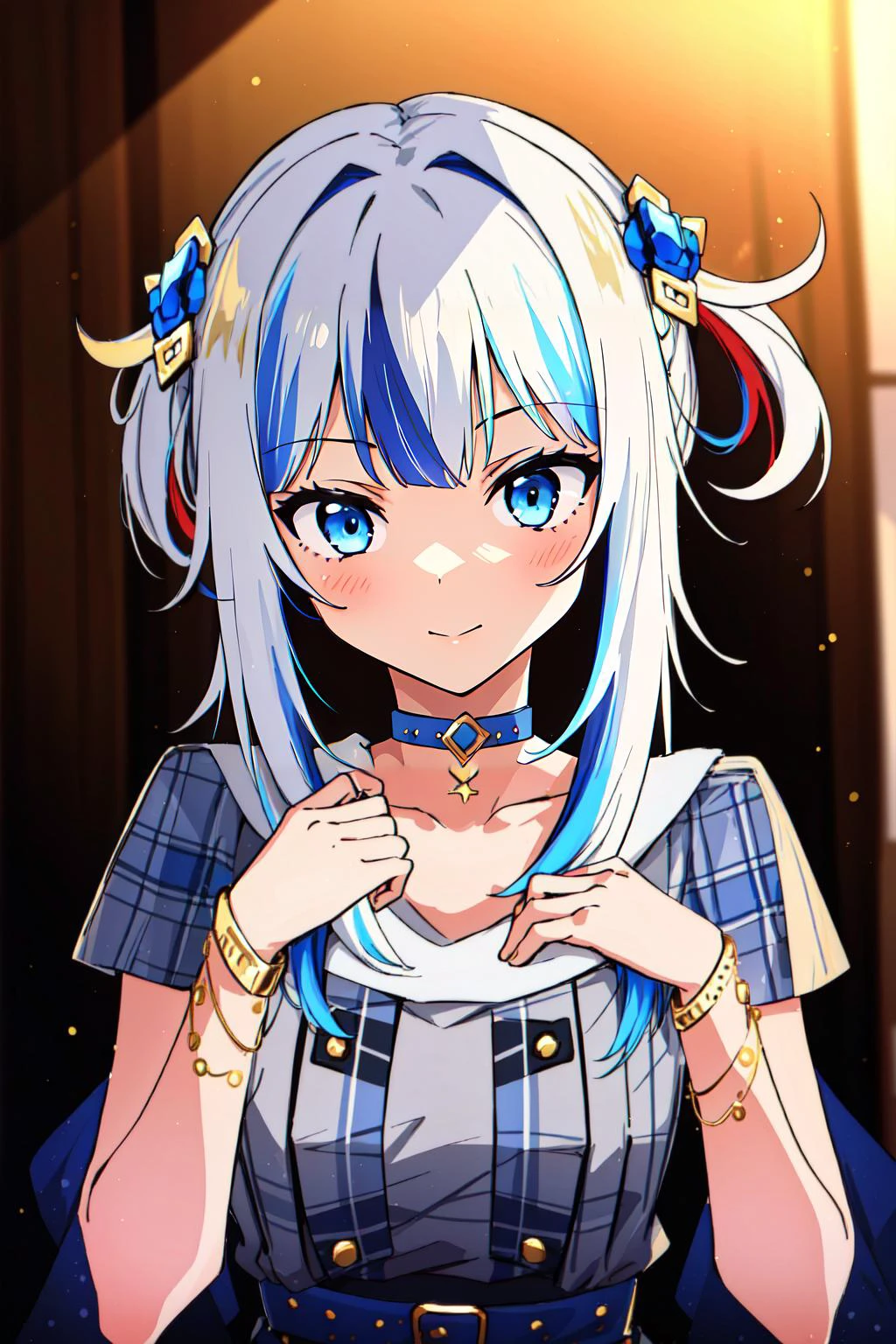 (masterpiece, best quality), intricate details,
1girl, <lora:imnekoloraa:0.8> Gura, multicolored hair, blue eyes, shark hair ornament, gold hair ornament, gold choker, gold bracelet
<lora:suiseicos_V2:0.8> cdy,