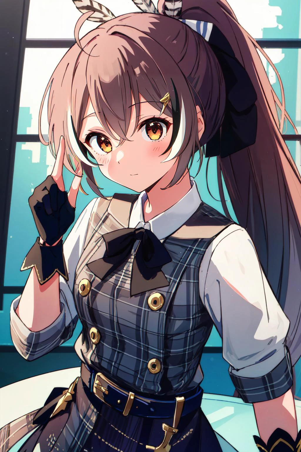 (masterpiece, best quality), intricate details,
1girl, <lora:mumei:0.8> nanashi mumei, ribbon, ponytail, very long hair, hairclip, feathers, knife, belt, partially fingerless gloves,
<lora:suiseicos_V2:0.8> cdy,