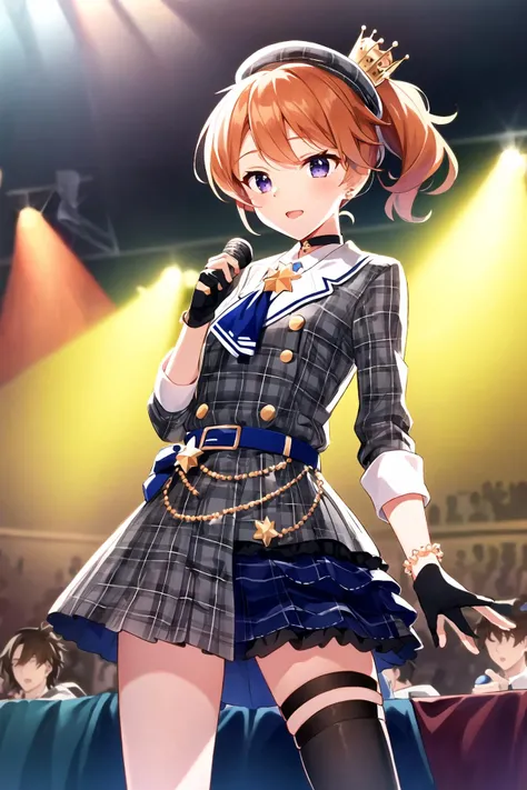 masterpiece, best quality, detailed face,(ultra hi res:1.2),(illustration:1.3),(game cg:1.2),(official concept art: 1.2),
(1girl:1.2),
kawaii,
<lora:suisei_cos_V3:0.7>,
stageidol,suisei cos , gloves, plaid, black gloves, choker, star (symbol),partially fingerless gloves, belt, plaid dress,plaid skirt, skirt, bracelet, shirt, buttons, blue belt,ascot,double-breasted, blue ascot, plaid jacket, jacket, collared shirt, dress,grey jacket, black choker, long sleeves,blue ribbon, blue choker, grey skirt,jewelry,bracelet ,thigh strap, single thighhigh, socks,
beret, hat,plaid headwear, grey headwear,crown,
BREAK
(small breasts:1.2) (flat_chest:1.2),
(slender),
singing,
(stage,Spotlight:1.2),
holding microphone,
(crowd:1.2),
cowboy shot,
amaranth purple eyes,
side ponytail hair,
orange color hair,