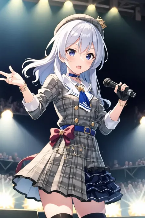masterpiece, best quality, detailed face,(ultra hi res:1.2),(illustration:1.3),(game cg:1.2),(official concept art: 1.2),
(1girl:1.2),
kawaii,
<lora:suisei_cos_V3:0.7>,
stageidol,suisei cos , gloves, plaid, black gloves, choker, star (symbol),partially fingerless gloves, belt, plaid dress,plaid skirt, skirt, bracelet, shirt, buttons, blue belt,ascot,double-breasted, blue ascot, plaid jacket, jacket, collared shirt, dress,grey jacket, black choker, long sleeves,blue ribbon, blue choker, grey skirt,jewelry,bracelet ,thigh strap, single thighhigh, socks,
beret, hat,plaid headwear, grey headwear,crown,
BREAK
(small breasts:1.2) (flat_chest:1.2),
(slender),
singing,
(stage,Spotlight:1.2),
holding microphone,
(crowd:1.2),
dynamic pose,(cowboy shot:1.2),
<lora:elaina_v06:0.7>,
long hair, floating hair, braid, hair bundle,yellow hair band, hair bow, pink bow,